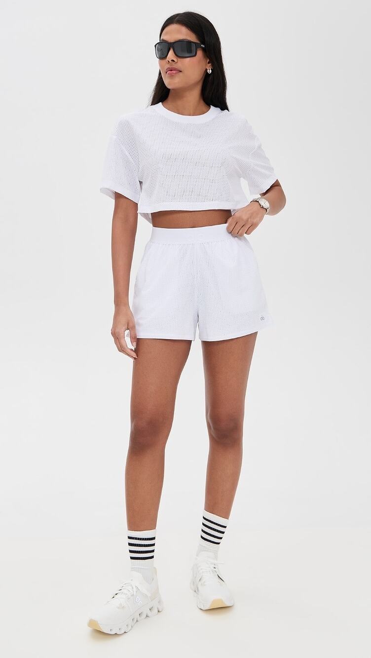 Alo Yoga White Mesh Mirage Lined Stretch Athletic Running Gym Workout Shorts M